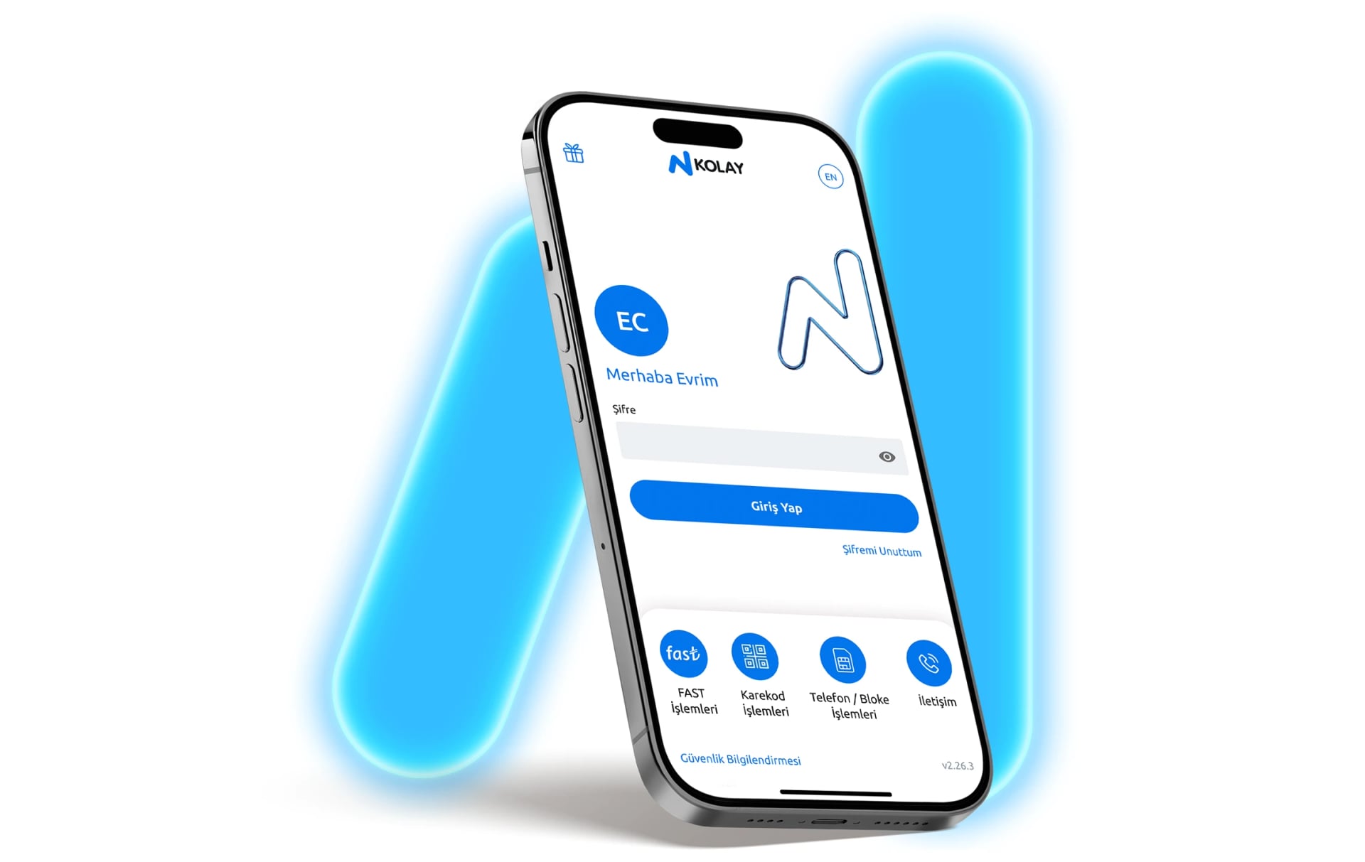 N Kolay mobil uygulama ekranını gösteren ve dijital bankacılık avantajlarını tanıtan görsel